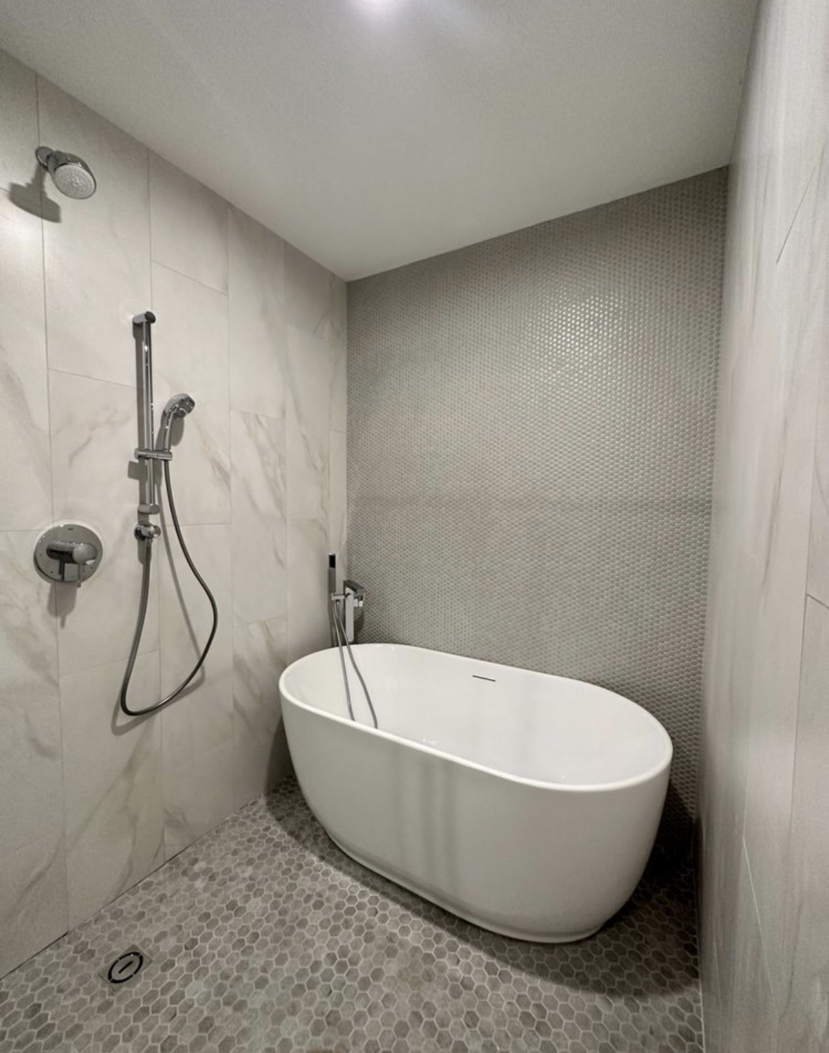 Spa-style master bathroom with freestanding tub
