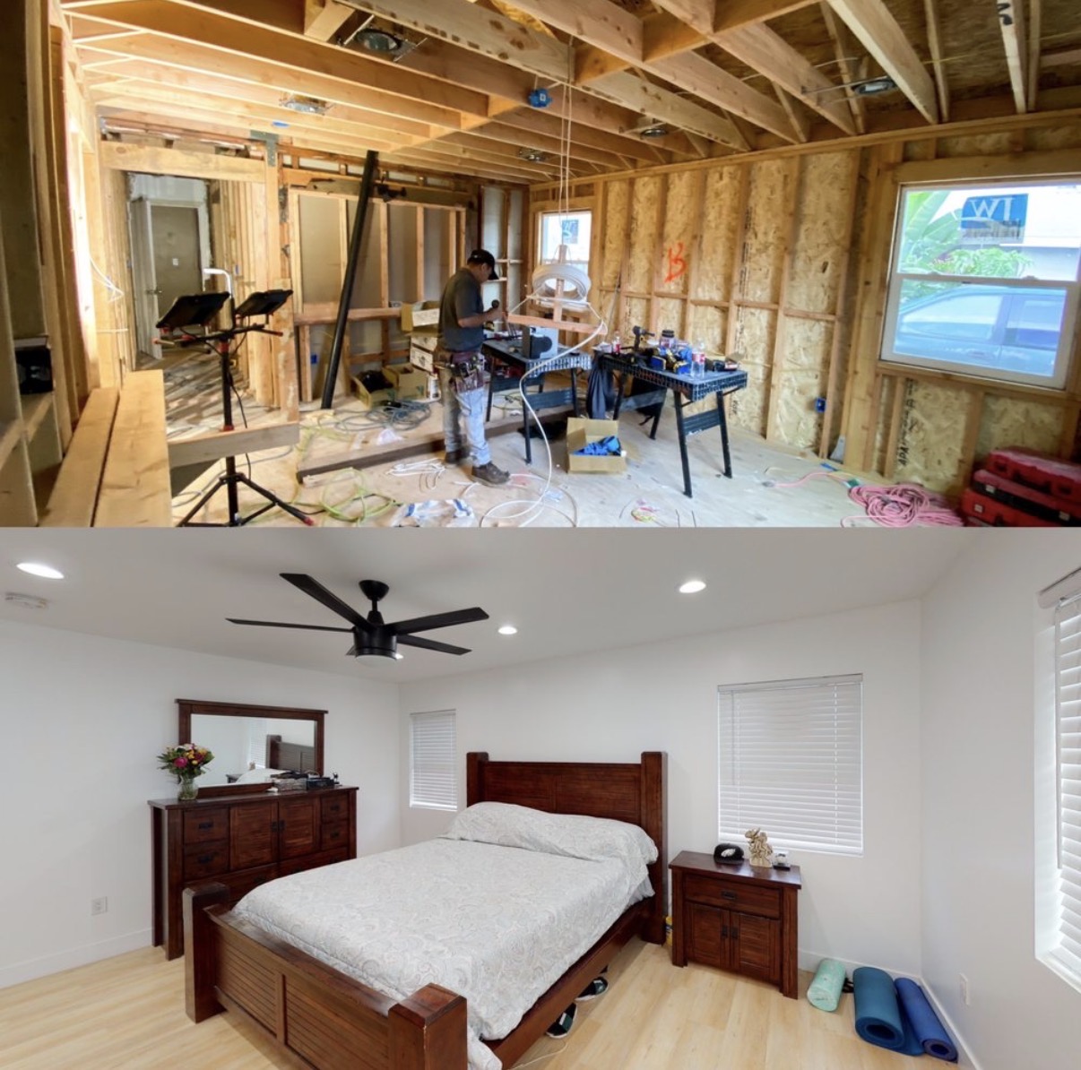 Room addition framing to finish — before & after